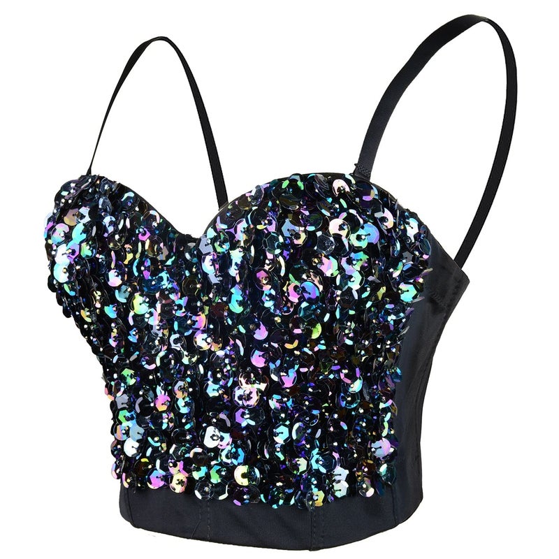 ELLACCI Sexy Sequin Bustier Crop Top Push up Club Party Corset Top Black Large - Image 1